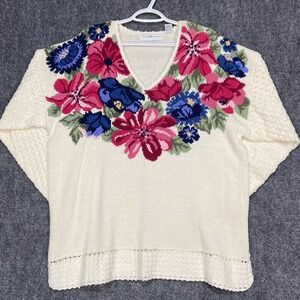 Maggie Lawrence Floral Knit Sweater Women's Size 22/24 V Neck Cream Vintage Boho